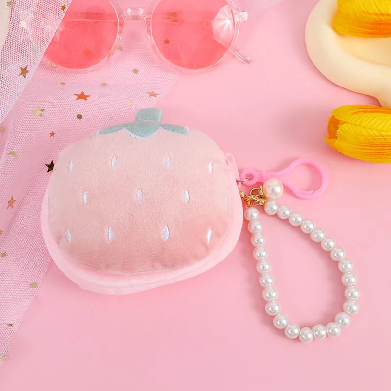 Fruit Shaped Plush Coin Purse with Strap (Strawberry)
