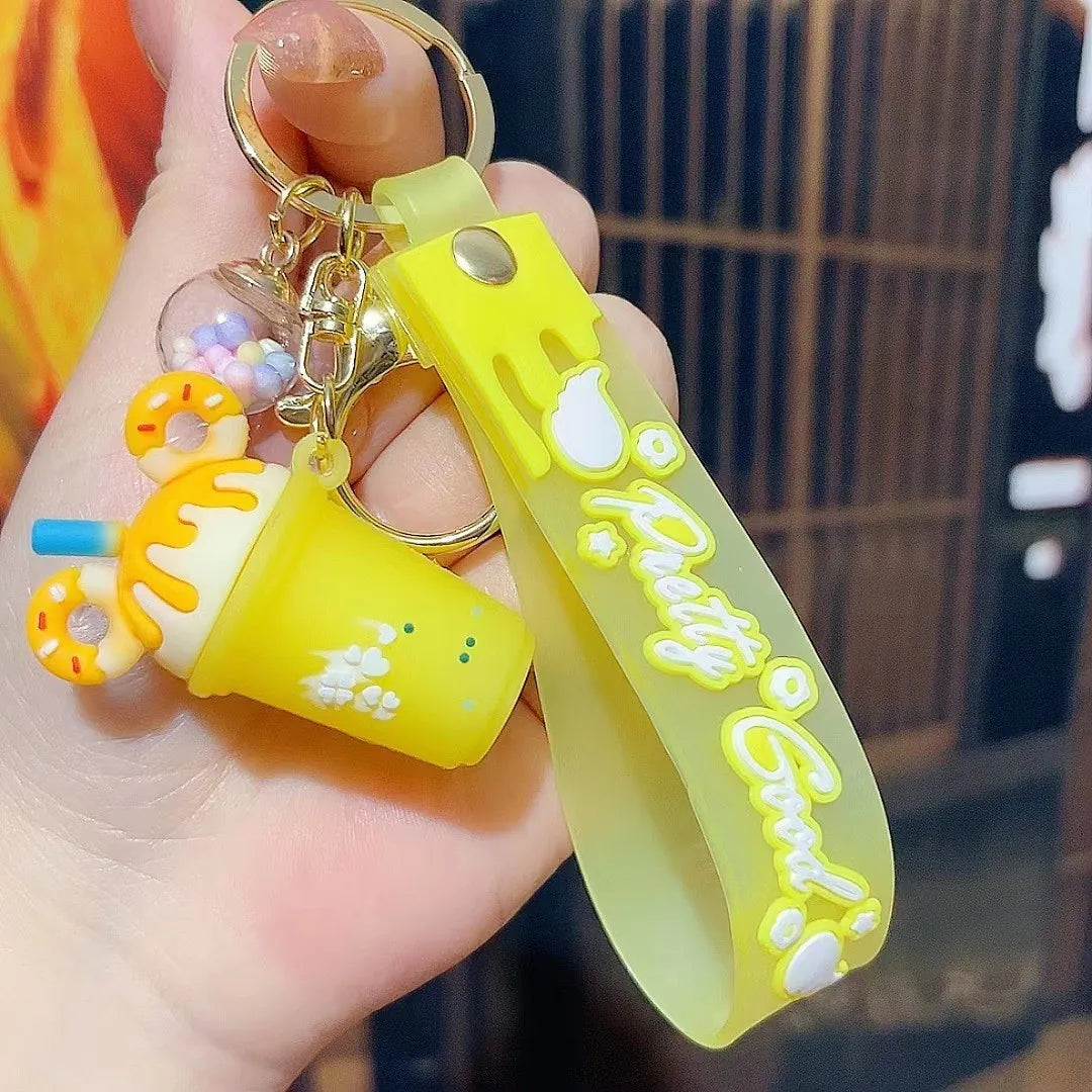 Milk Tea Cup Ice Cream Keychain Silicone with Strap (Yellow)