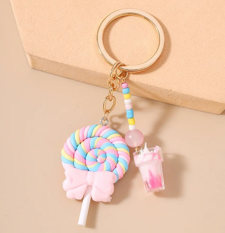 Lollipop Keychain With Bow And Mini Cup (Pink Mini Cup) 1 piece